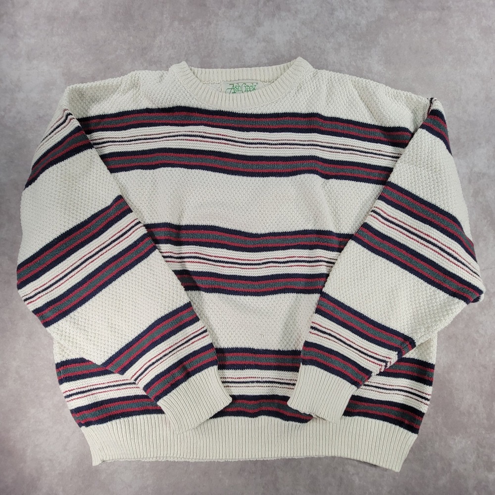 Ash Creek Trading Mens XL Vintage Striped Cotton Knit Sweater Made in USA Ivory